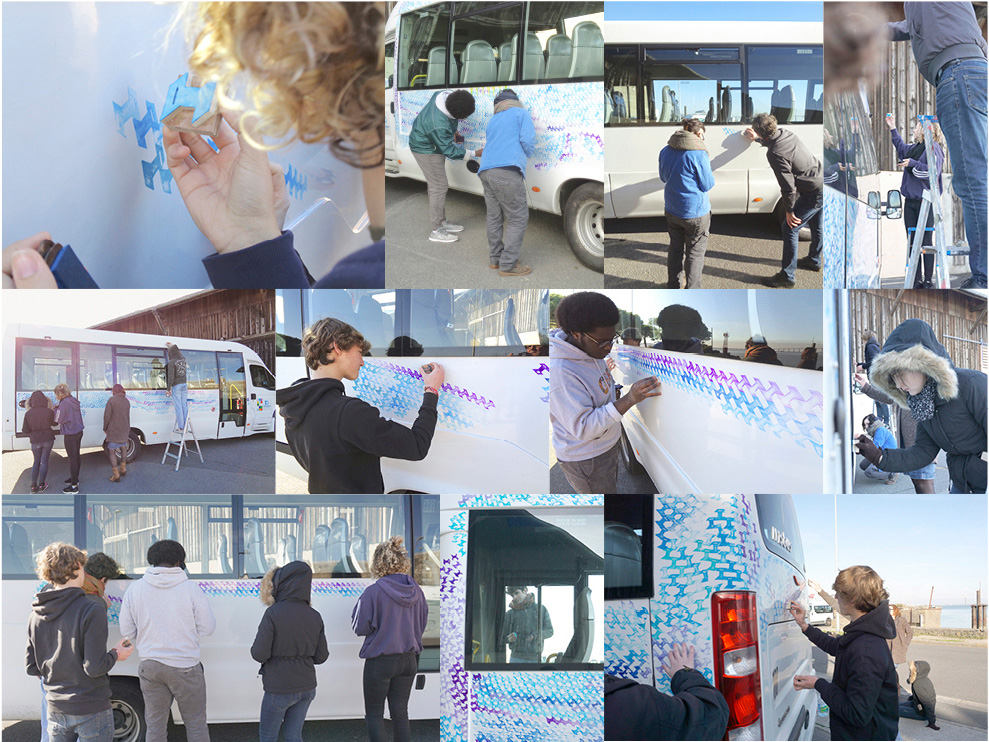 <b>Mise en couleur d'un bus colaire</b><br/>Mise en couleur d'un bus scolaire réalisée par tamponnage lors d'un workshop avec les étudiants de l'École des Beaux Arts Nantes- Saint-Nazaire - octobre 2016